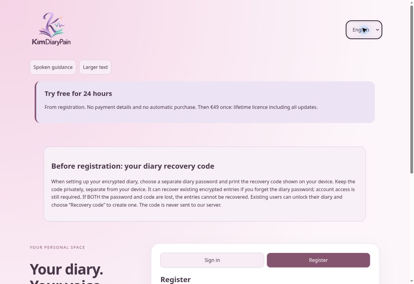 KimDiaryPain English registration page explaining the private recovery code before account creation